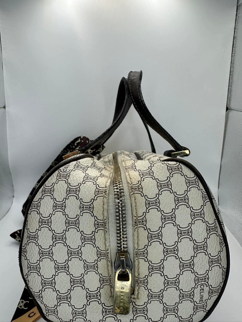Celine Cream and Brown Monogram Top Handle Bag with Branded Scarf - Picture 5 of 13